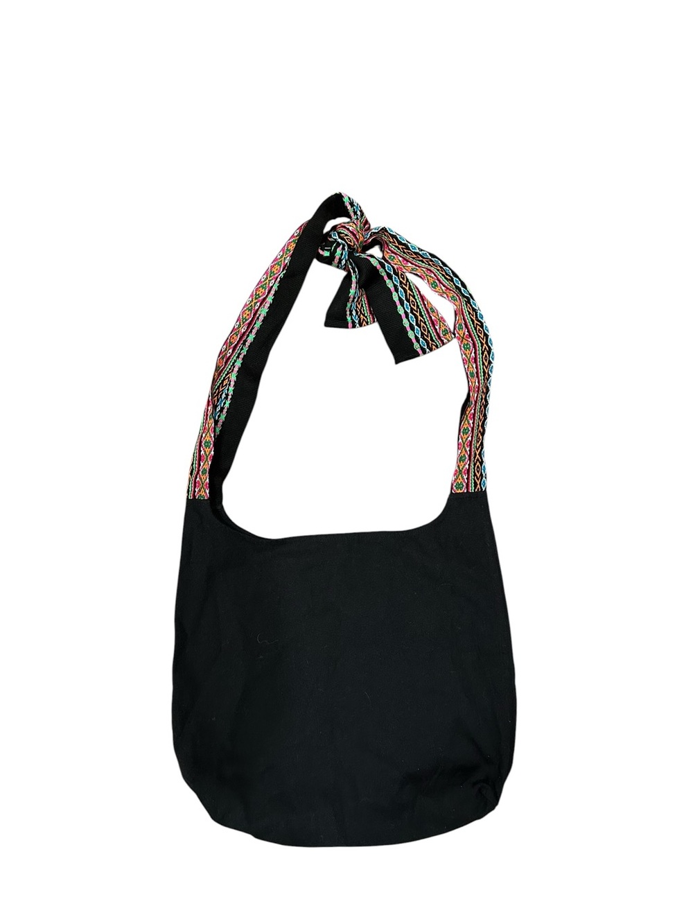 PITUSA x LAFS Black Artsy Bohemian Crossbody Bag with Multicolor Woven Strap